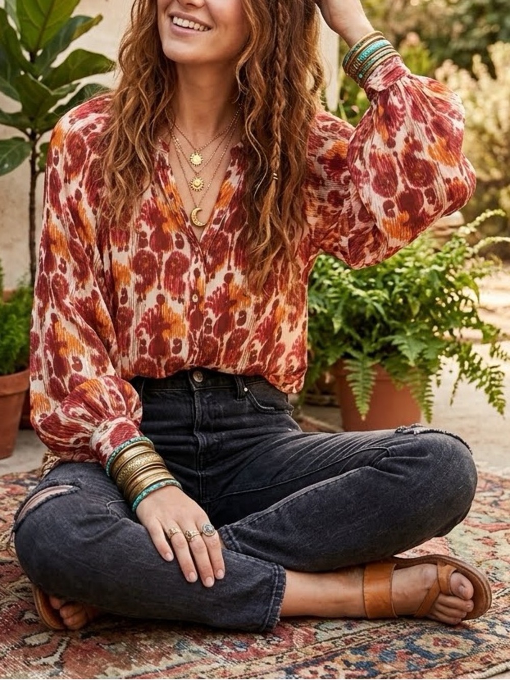 Atsu Anthropologie Paisley Abstract Top Balloon Sleeve Button Down Lightweight